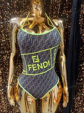 Fendi Navy Monogram One-Piece with Neon Green Trim